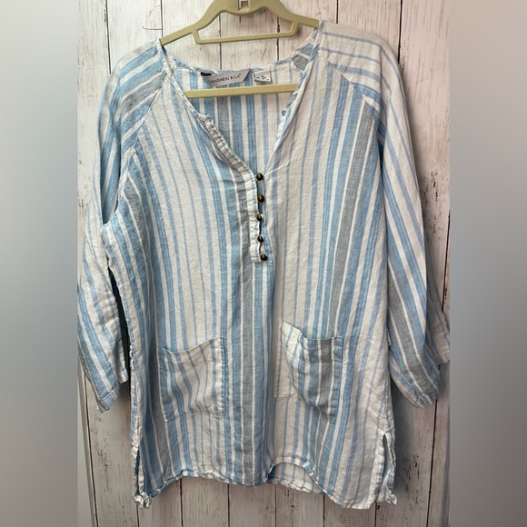 Mandarin Blue Striped Blue and White Women's Top size XL - Picture 1 of 8
